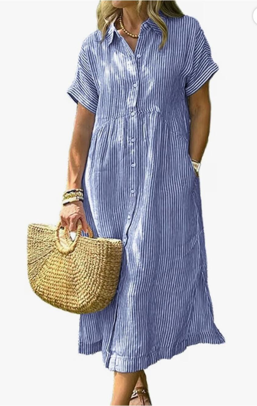 Summer Striped Midi Long Shirt Dress Casual Loose Short Sleeve Button Down Dress